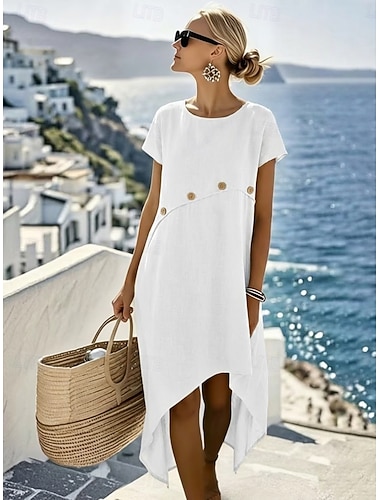  Dámské Midi šaty Volnočasové šaty Módní Moderní Venkovní Dovolená Jdeme ven Volný Bez vzoru Krátký rukáv Tričkový Bílá Fialová Námořnická modř Hnědá Léto Jaro
