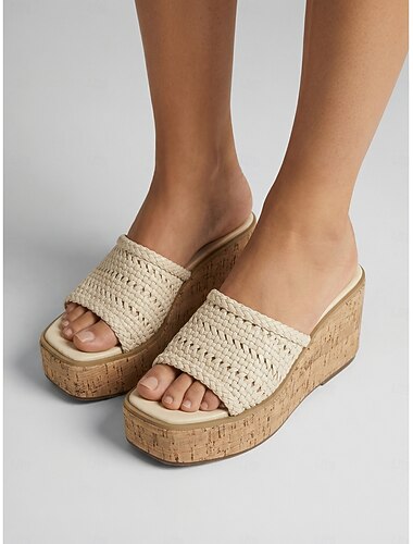  kremfargede vevde kileformede sandaler til dame - flettede platåsandaler &korktekstursåle for utendørsferier, sommerreiser &klær til strandresort