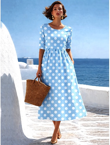  Dam Midiklänning A linjeklänning Ledigt Dagligen Normal Prickig Halvlång ärm Rund hals Gul Rodnande Rosa Himmelsblå Sommar Vår
