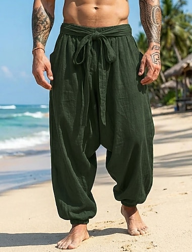  Herren Leinenhosen Sommerhose Baggy-Hosen Strandhose Kordelzug Elastischer Bund Einfach Komfort Atmungsaktiv Volle Länge Täglich Outdoor Strand Urlaub Böhmische Gelb Wein Unelastisch