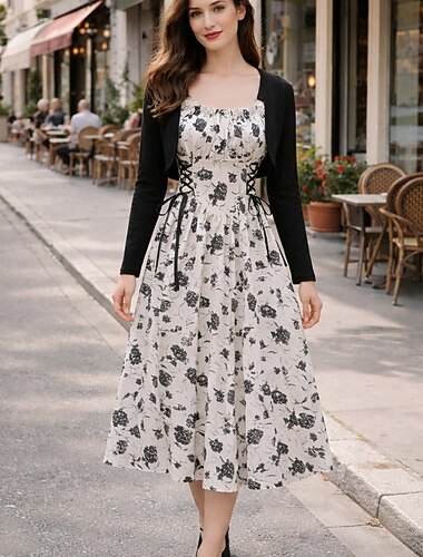  Élégant Années 1950 Midi Robe Gilet Sans manches Fleuri Ligne A Col rond Déguisement Femmes Soirée Tenue Quotidienne Décontracté Quotidien Adulte Haut Robe Printemps & Été