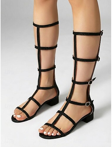  Knähöga gladiatorsandaler för kvinnor – lågklackade skor med remmar i romersk stil, eleganta sommarsandaler för utomhussemester, resort- och resekläder