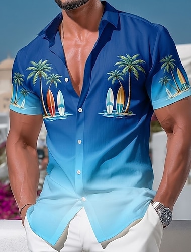 Herren Kokospalme Tropische Pflanzen Surfboards Hawaiihemden Tropische Hemden Alohahemd Kurzarm Hawaiianisch Strand Urlaub Sommer Frühling Umlegekragen 3D-Druck Hemden mit Knopfleiste Blau Purpur Grün