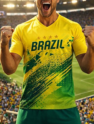  Unisex Brasile Calcio estivo Partita globale Maglioni Maglia da corsa Estate Blocco di colore Manica Corta UPF 50 Asciugatura Rapida Traspirante Casuale Corsa Jogging Fitness Giallo abbigliamento