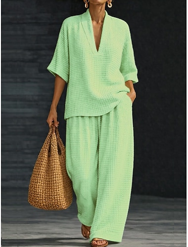  Dame Todelt sett Kortermet V-hals Helfarge Elegant Ferie Daglig Daglig Helg Blå Hvit Lysegrønn Vår sommer Løstsittende