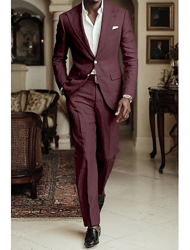  Heren Smoking Linnen pakken Schoolfeest Bruiloft Wit Blozend Roze Lente zomer Jasje Puntige revers Feest Lichtgewicht Effen Getailleerd 2-delige set Enkele rij knopen met twee knopen