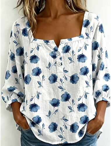  Martedì grasso Per donna Blusa Stampato Floreale Grafico Girasole Quotidiano Elegante Casual Mezza Manica Collo quadrato Top Regolari Casuale Quotidiano Blu Giallo Estate Primavera