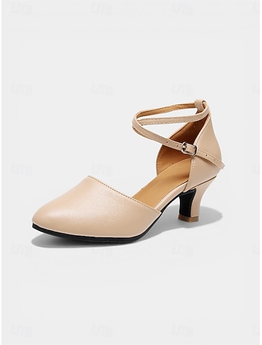  Beige ballroom-dansesko til dame, lukket tå med kryssreim og lav hæl, øvingssko for standarddans, vals og tango &trening