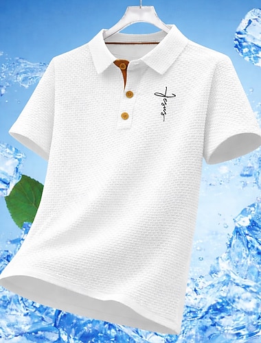  男性用 ワッフルポロシャツ テクスチャード加工 カジュアル ワーク ラペル 半袖 ベーシック 近代の 十字架 ボタン 冷却 夏 春 ブルー ブラック ホワイト ネイビーブルー ダック ライトブルー ワッフルポロシャツ