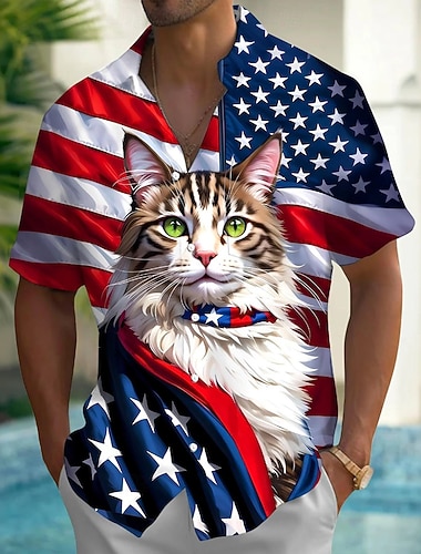  男性用 猫 米国旗 アメリカ合衆国建国250周年 シャツ サマーシャツ ボタンアップシャツ 半袖 愛国 アウトドア 祝日 夏 春 折襟 3Dプリント 襟付きシャツ フロントポケット1つ ブルー
