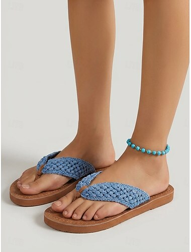  Boho oranje gehaakte teenslippers voor dames - comfortabele geweven teenslippers met gevlochten bandjes voor strandvakanties, zomervakanties en tropische reizen.