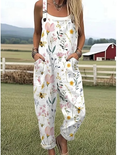  Dámské Celkově Aktivní Květinový Bez rukávů Bez rukávů Hranatý Kapsy Tisk Denní Plážové Volný Bílá Světlá růžová Béžová Léto