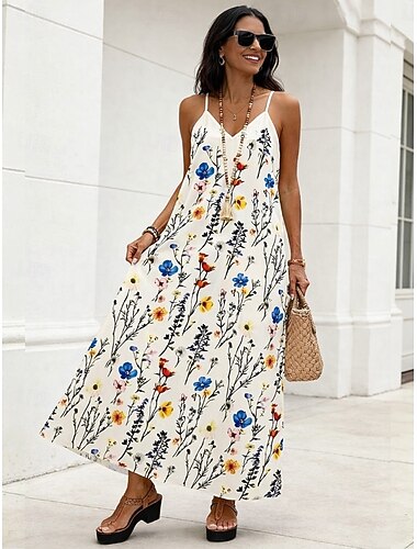  Dame Maxikjole Solkjole Kjole med A-linje Slipkjole Ferie Fritid Strand Ut på byen Løstsittende Grafisk Tropisk Ermeløs V-hals Svart Hvit Sommer Vår