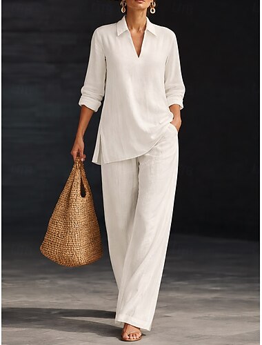  Női Pamut ágynemű készletek Kétrészes szettek Blúz Ujjatlan Hosszú ujj Terített nyak V-alakú Tömör szín Sima Elegáns Divat Utcai sikk Hétköznapi Napi Szabadtéri Fekete Fehér Barna Tavaszi nyár Laza