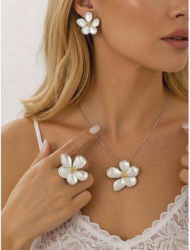  Ensemble de bijoux bohèmes élégants pour femme, composé de 3 pièces : collier et boucles d'oreilles en alliage. &Bague en or, motif floral 3D &Couleurs argentées, parfaites pour les vacances, les