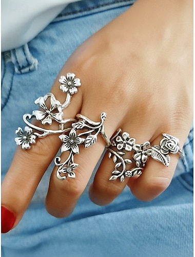  Dameringer i bohemsk stil med legering, sett med 4, blomsterdesign, justerbar passform, perfekt for strandferier, sommerutflukter, hverdagsbruk