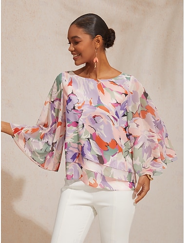  Rosa bluse i lagdelt chiffon med vårblomster