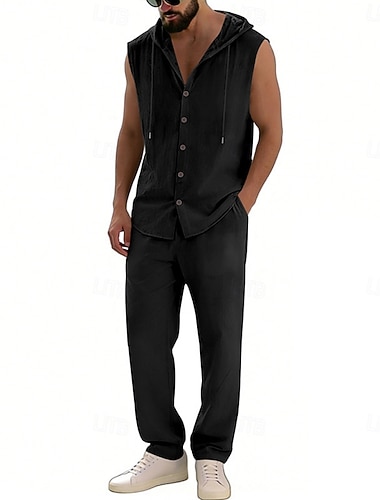  Herren Leinenhemd Zweiteilig Hemd Set Und Leinenhosen Hose Freizeithose Set Einfach Täglich Outdoor Urlaub Mit Kapuze Ärmellos Sommer Frühling Mode Lässig Bequem Bekleidung