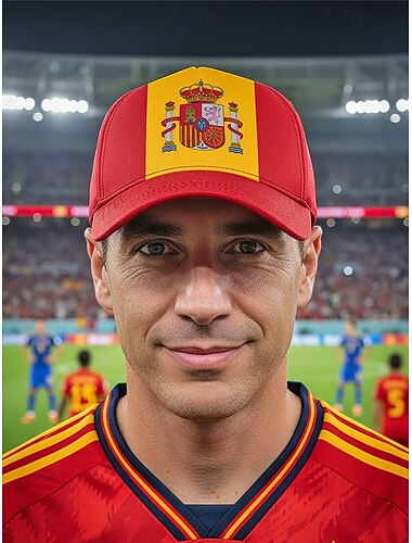  Heren baseballpet van polyester in de kleuren van de Spaanse vlag, verstelbare pasvorm, ideaal voor voetbalfans, wedstrijddagen, supportersevenementen, casual sportkleding en dagelijks gebruik buitenshuis.