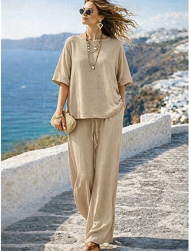  リネン15％ レディースパンツセット リネンセット ベーシック 無地 ポケット付き ゴムウエスト Tシャツ パンツ デイリー ストリート 長袖 クルーネック ブルー ブラック ホワイト ネイビー ブルー ライトブラウン 夏 春