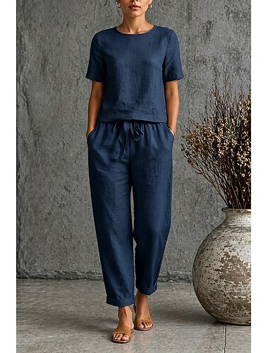  نسائي أطقم قطنية كتان تي شيرت كم قصير نصف كم رقبة عالية مدورة رقبة دائرية سهل موضة مواعدة أزرق أخضر داكن برتقالي للربيع والصيف