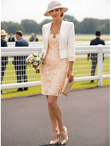  Deux Pièces Fourreau Colonne Mi-long Robe d'invité de mariage Robe de Mère de Mariée  Manche Courte Col en V Élégant robe demoiselle d honneur Fête de mariage Chiffon Dentelle Robes Courtes avec Veste