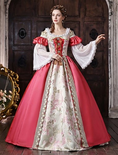  Rococo Barok Baljurk  Tot de grond Jurken Baljurk  Lange Mouwen Prinses Bruids Veters Bloemig Baljurk Ronde hals Kostuum Dames Koninklijk Halloween Carnaval Maskerade Schoolfeest Teaparty Feesten