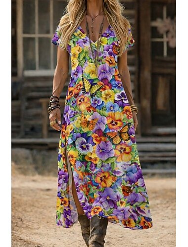  Femmes Robe maxi Robe d'Été Robe trapèze Vacances Occasionnel Boho Plage Sortir Coupe Standard Fleuri Graphique Manche Courte Col en V Bleu Noir et jaune Arc-en-ciel Été Printemps