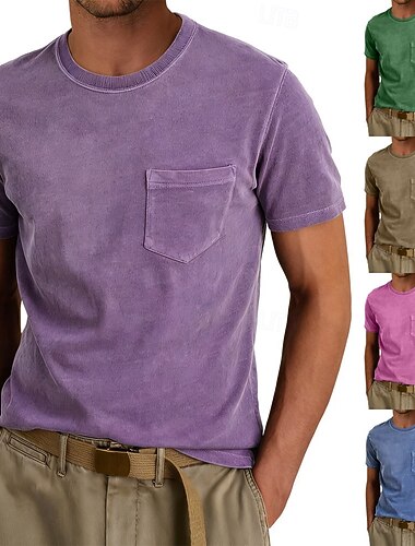  Koszulka SoftFade™ Męska T-shirt 100% Bawełna Acid Wash Koszulka Krótki Rękaw Okrągły Dekolt Lato Wiosna Gładki Kolor Elegancka Vintage Neutralna Kieszeń Okrągły Dekolt Wyblakła Casual W domu Na