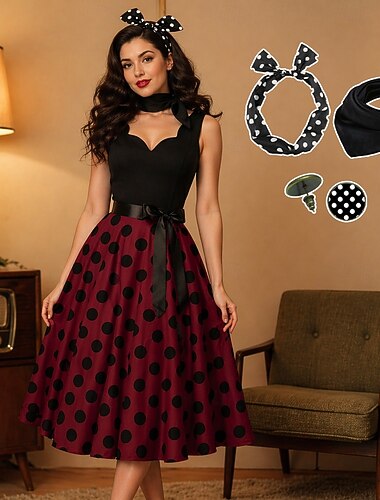  Női A-vonalú Rockabilly Ruha Pöttyös Lengő Ruha Bővülő Ruha Kiegészítő Szettel 1950-es Grease Öltözetek 60-as Retro Vintage Fejpánttal Sál Fülbevaló Vintage Swing Parti Ruha