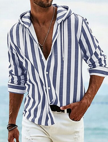  Per uomo Camicia Camicia di lino Camicia Estiva Camicia da Spiaggia Camicia con cappuccio Camicie a righe Strisce verticali Vacanza Camicia hawaiana Blu Giallo Rosa Rosso Manica Lunga Felpa con
