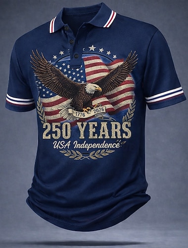  4. Juli 2026 250. Herren Amerikanische US-Flagge Poloshirts Kurzarm Polo-Shirts Hemden mit Kragen Lässig Outdoor Streetwear Athleisure Knöpfe Atmungsaktives Gewebe Sommer Frühling Blau Rote Grau