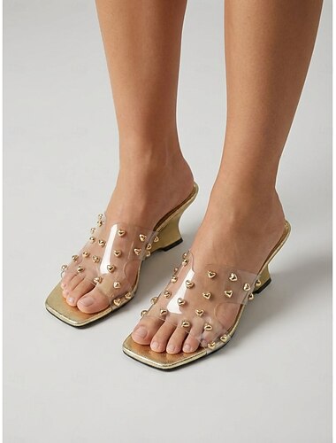  Transparante sleehak sandalen voor dames - gouden accenten met studs, perfect voor cocktailparty's