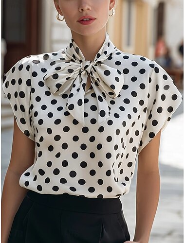  Női Ing Blúz Pöttyös felső Csokor Mértani Stílusos Alap Klasszikus Rövid ujjú Nyakkendő nyak Normál felsők Napi Iroda Szabadság Fekete Fehér Rubin Nyár Tavasz