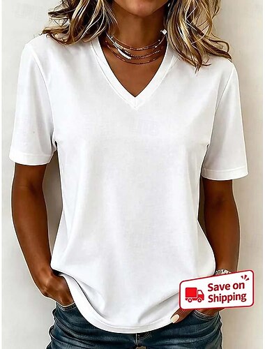  Dames T-shirt Katoenen shirt Effen Kleur Modieus Stijlvol Basic Korte mouw V-hals Normale tops Casual Dagelijks Uitgaan blauw Wit Lichtgroen Blozend Roze Rood Zomer Lente