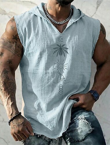  herr geometrisk nautisk palmträdssol segelbåt bohemisk kustnära ärmlös huvväst grafisk bomull linne fransad rå fåll lös passform strand sommarsemester designerkläder s m l xl xxl xxxl