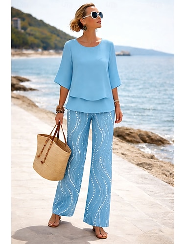  Mujer Conjuntos de pantalones Media Manga Mariposa Escote Redondo Graphic Geométrico Elegante Vacaciones Casual Diario Playa Azul Piscina Rosa Morado Primavera verano Holgado