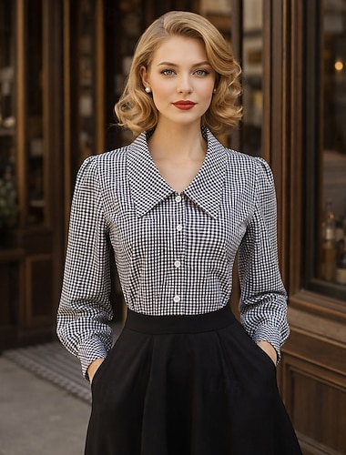  ancien Chemise Juliette Manche Gigot Plaid Fourreau Colonne Col Rabattu Déguisement Femmes Occasionnel Tenue quotidienne Adultes Adulte Chemise Printemps Toutes saisons