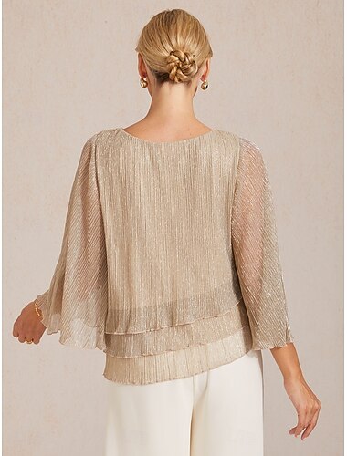  Dames Blouse Geklede topjes Meerlaags Metallic Elegant Stijlvol 3/4 mouw Bel Strakke ronde hals Normale tops Dagelijks Bruiloft gast Taupe Zomer Lente Herfst