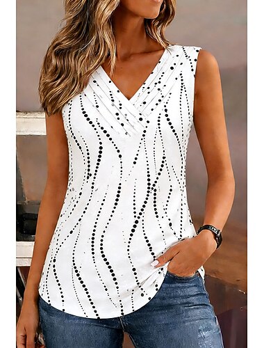  Mujer Camiseta Camiseta sin mangas Estampado Graphic A Lunares Vintage Elegante Clásico Sin Mangas Escote en Pico Tops regulares Diario Azul Piscina Blanco Amarillo Rosa Verde Trébol Verano Primavera