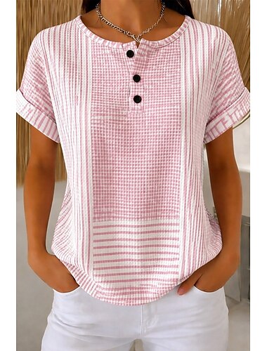  Dames wafelstructuur gebreide tops t-shirt ombre grafische geometrische stijl klassiek korte mouwen ronde hals henley regular tops casual dagelijks sportief zwart-wit wit/roze zomer lente