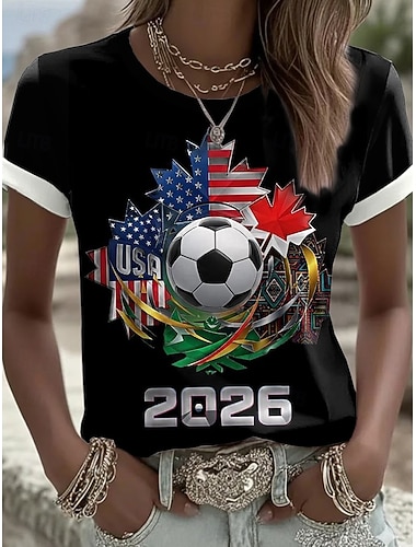  Damen-T-Shirt mit Grafikprint zur Fußball-Weltmeisterschaft 2026 – stylisch, klassisch, lässig, Kurzarm, Rundhalsausschnitt, normale Passform, für Freizeit, Sport, Sommer, Frühling