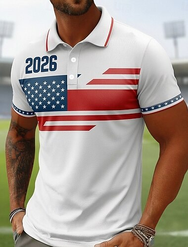  Fotbollscupen 2026 Herr Amerikanska amerikanska flaggan Pikétröjor Kortärmad Polotröjor Skjortor med krage Ledigt Fritids- 3D-utskrift Vår & sommar Vit