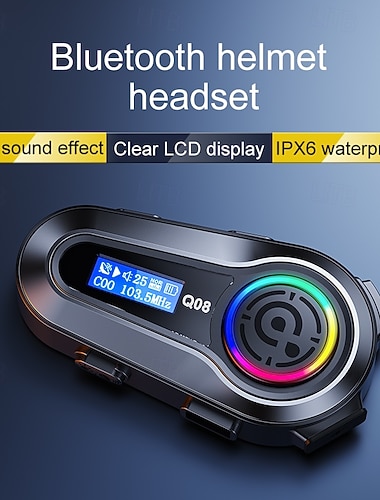  Q08 motorhelm Bluetooth-headset met LCD-display &RGB-verlichting, draadloos helm-intercomsysteem voor motorfietsen, ruisonderdrukking, FM-radio, waterdicht