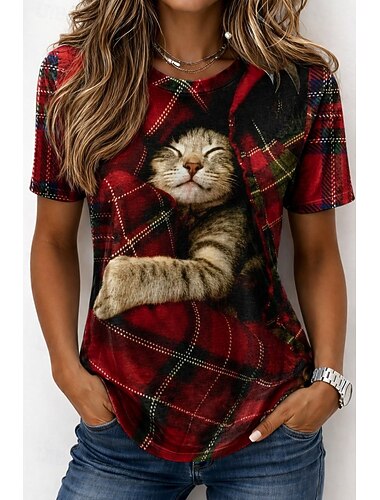  Dames T-shirt Afdrukken Grafisch dier Kat Vintage Stijlvol Klassiek Korte mouw Strakke ronde hals Ronde hals Normale tops Casual Dagelijks Weekend Zwart en wit Wit Rood Zomer Lente Herfst Winter