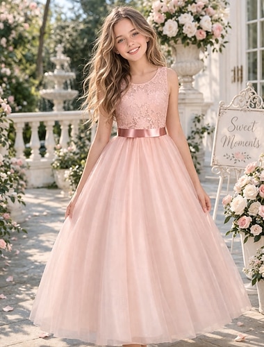  Kinder Mädchen Blumenmädchenkleid Kleid Partykleid Einfarbig Ärmellos Hochzeit Formell Besonderer Anlass Spitze Netz Elegant Mode Prinzessin Polyester Maxi Blumenmädchenkleid Sommer Frühling 4-13