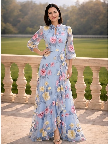  A-linje Gulvlengde Festkjole Cocktail Kjole Kveldskjoler Elegant Årgang Blomster Langermet Høyhalset Formell Bryllupsgjest Chiffon med Drapert