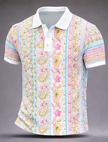  Herre Paisly Poloskjorter Kortermet Poloskjorter Skjorter med krage Fritid treningsklær Friluftslklær Dagligdagstøy 3D-utskrift Knapper Vår sommer Blå Lilla Grønn