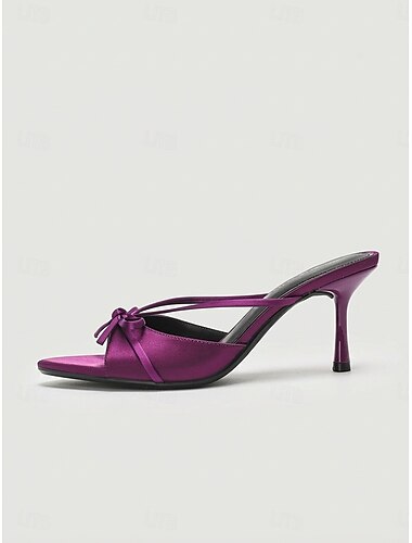  Sandálias femininas de salto agulha com laço em cetim roxo – elegantes sapatos de festa para coquetel