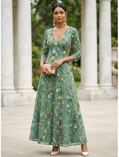  A-Linie Kleid Knöchellänge Partykleid Cocktailkleid Brautmutterkleid Dreiviertelarm V Ausschnitt Elegant Vintage luxuriös Formell Hochzeitsgast Kentucky Derby Chiffon Tüll mit Falten Stickerei Blume